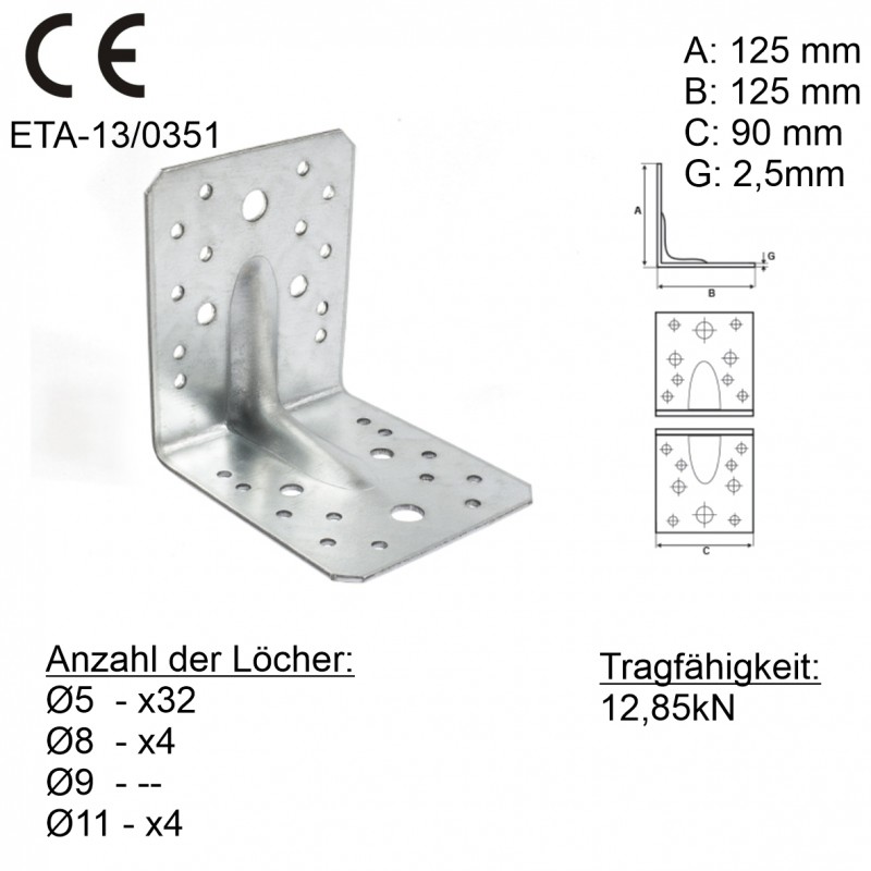 20 Stück Winkelverbinder Holzverbinder mit Steg 125x125x90x2,5mm