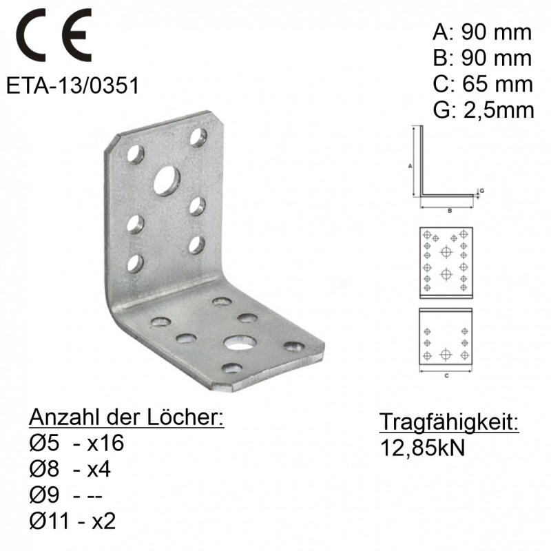25 Stück Winkelverbinder Holzverbinder ohne Steg 90x90x65x2,5mm
